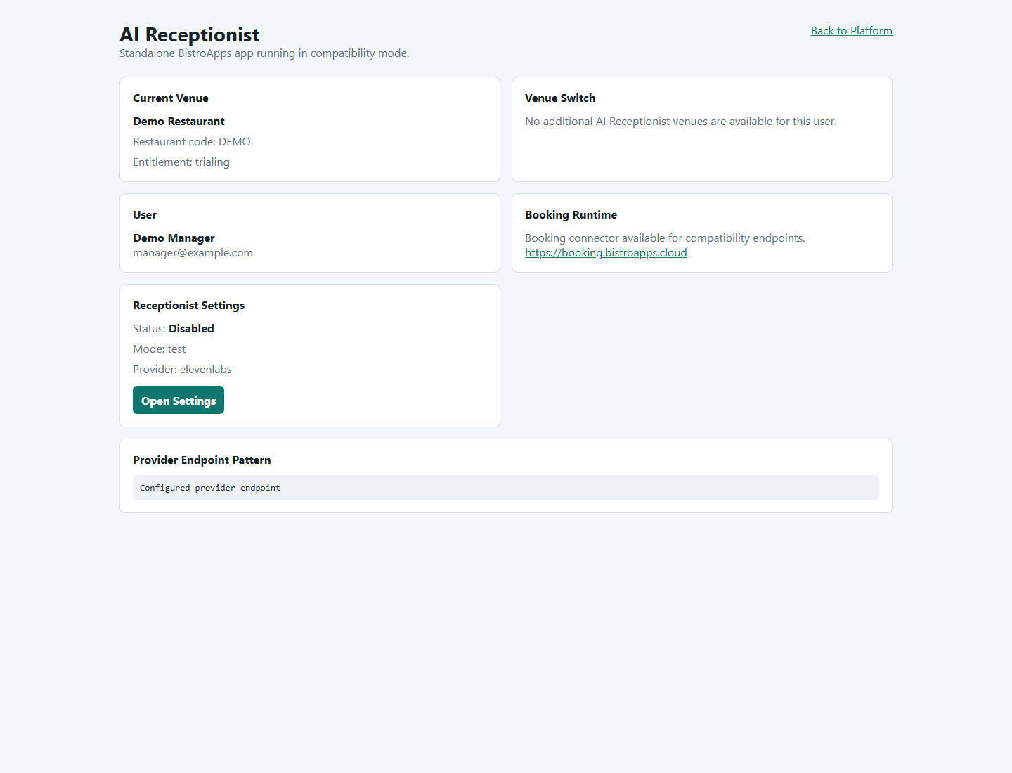 AI Receptionist authenticated venue dashboard preview with private details masked