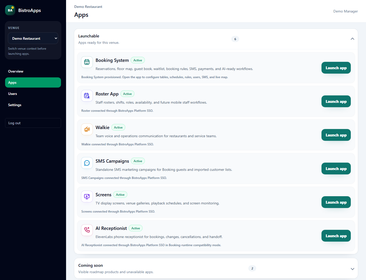 BistroApps Platform portal app launcher preview