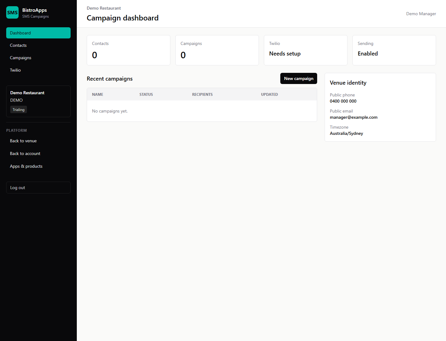 SMS Campaigns authenticated campaign dashboard preview with private details masked